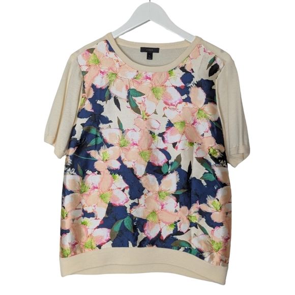 J.Crew Cove Floral Merino Wool Silk Short Sleeve Sweater Top Large Lightweight - Picture 2 of 8